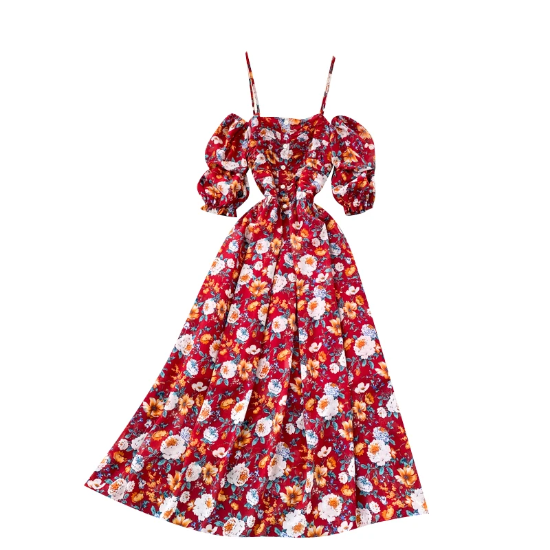 

Bohemian Floral Strap Dress Women Summer Korean Puff Sleeve A-line Dress Sexy Off Shoulder Holiday Beach Midi Dresses
