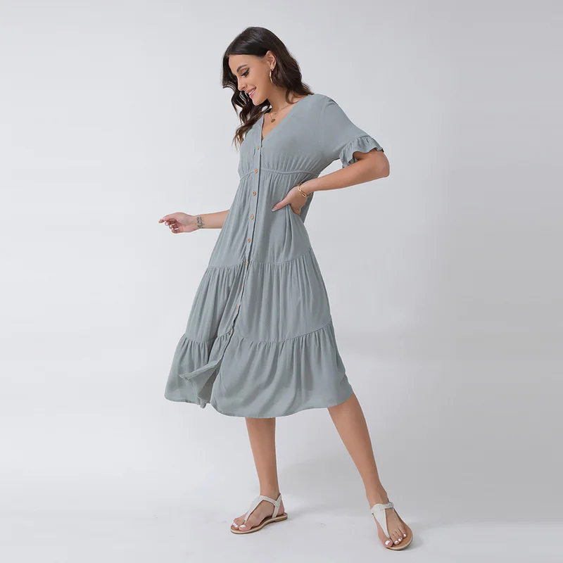 

Summer Light Dresses House of Sunny Dress Women's Summer Long Dress Green Midi Dress Casual Women's Dresses Button Up Ruched