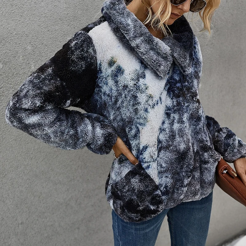 

Womens Winter Fuzzy Plush Long Sleeve Sweatshirt Tie-Dye Printed Lapel Zipper Pullover Tops Casual Loose Thicken Warm Streetwear