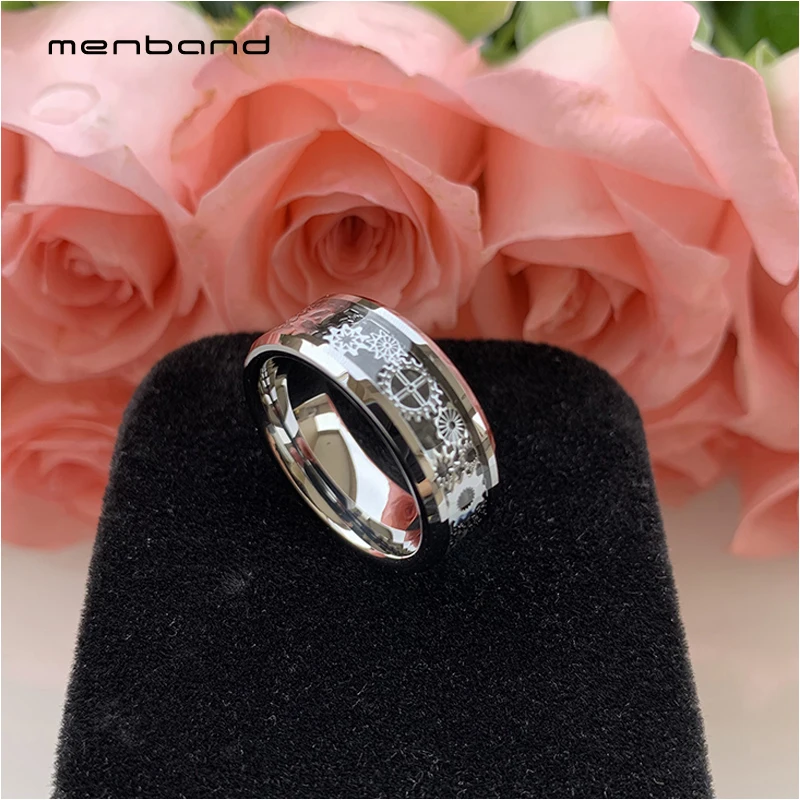 Перстень из вольфрама для мужчин и женщин с механическим шестеренчатым колесом, вставкой из черного углеродного волокна и фасками на краях 8 мм, комфортная посадка.