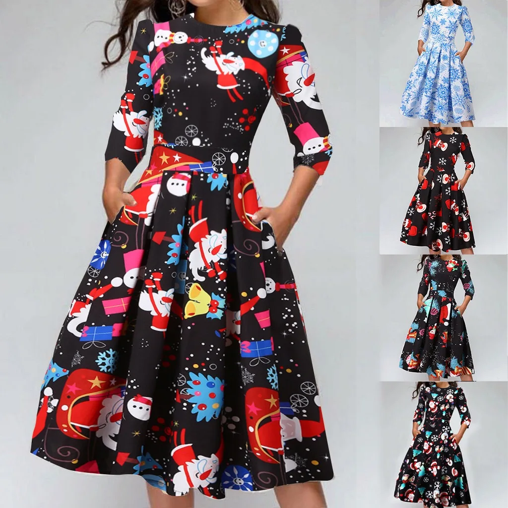 

Y8185 European and American women's ladies trendy Christmas print thin round neck three-quarter sleeves big swing dress