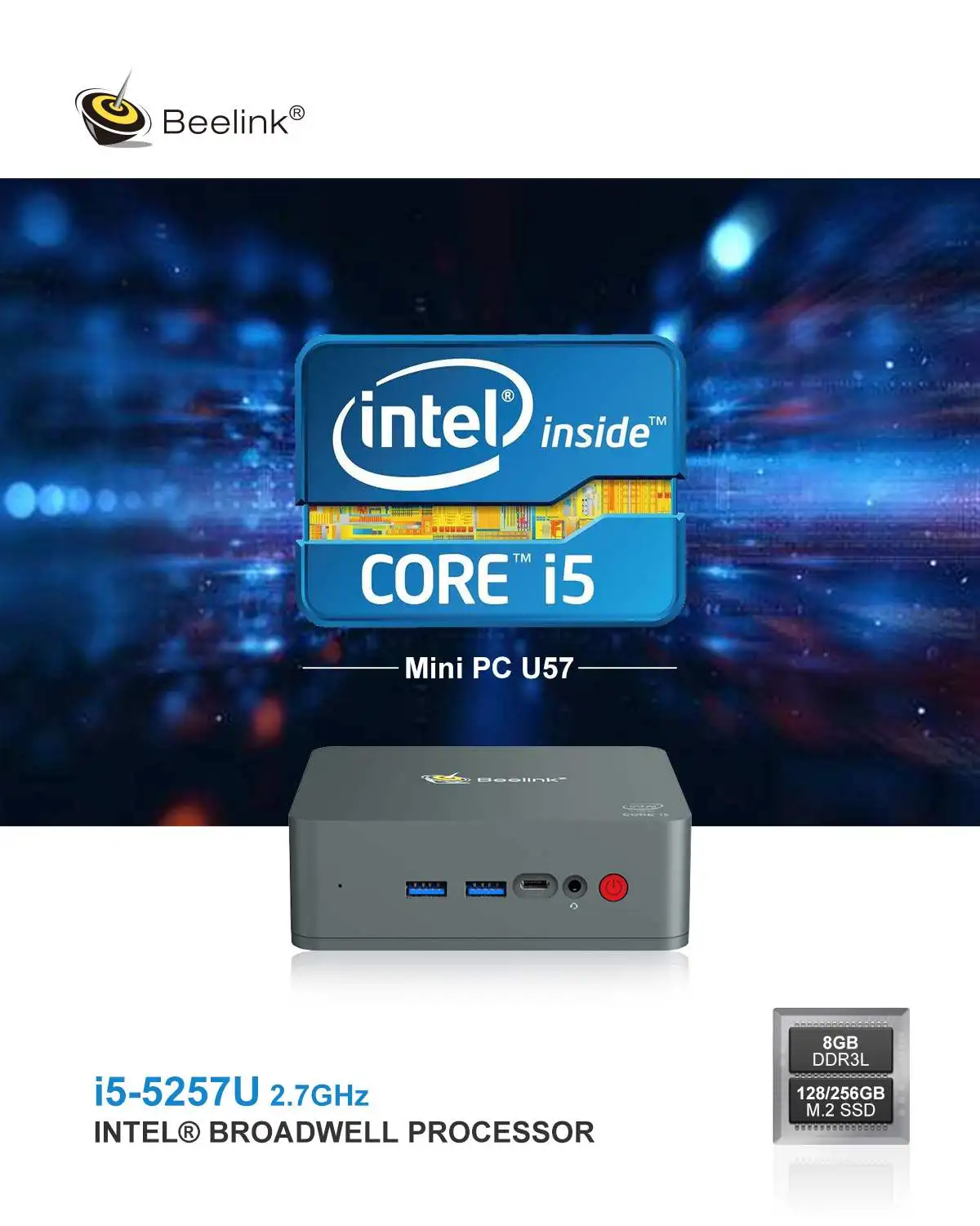 Beelink U57 Mini PC Computer 128/256GB TV Box Intel Core i5-5257U Windows10 2.4+5.8G Dual WIFI bluetooth4.0 1000M LAN USB3.0 | Электроника