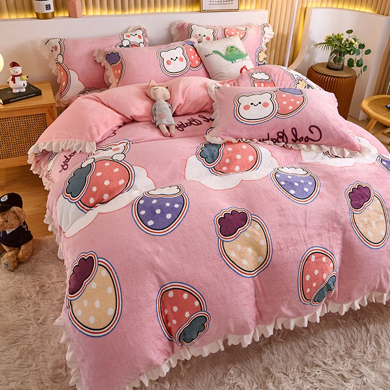 

Winter Flannel Duvet Cover 1pcs Soft Warm Coral Fleece Blanket Keep Warm Lace Bed Quilt Covers 220x240 bedding Home Textiles