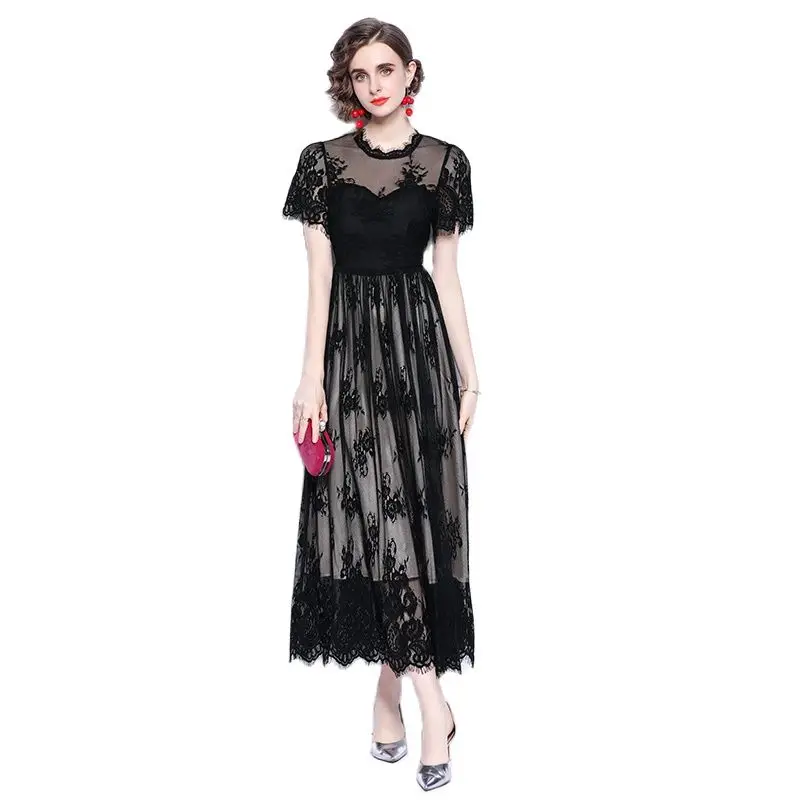 

Sexy Lace Embroidered Dress Black Short Sleeve Round Neck Fashion Long Dresses for Women Clothes
