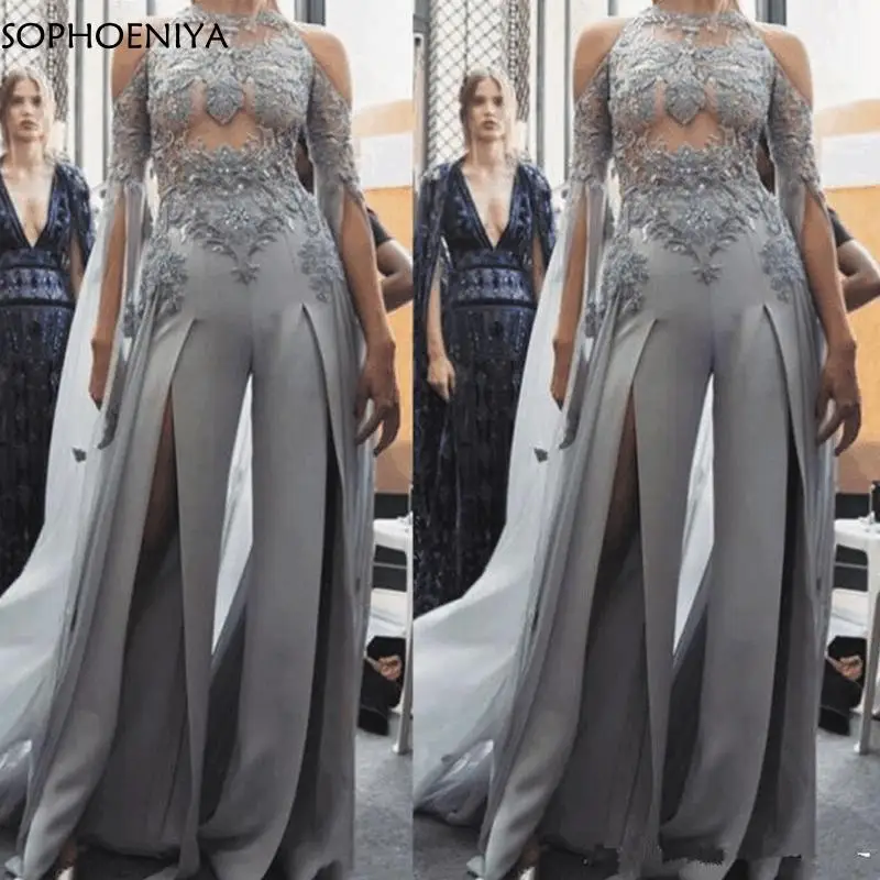 

Новое поступление серебристый комбинезон для вечерние кружево Аппликация элегантный Дубайский арабский классические брюки для вечернего ...