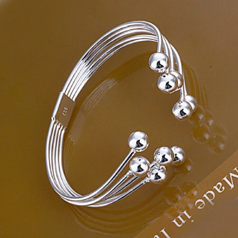 

Wholesale 925 Sterling Silver Unique Many Lines Beads Bangle Cuff Bracelet