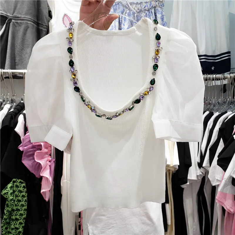 

Crop Top for Woman 2021 Summer New Diamond-Embedded Slim-Fit Stretch Puff Sleeve Square Collar Knitted Short Sleeve T-shirt