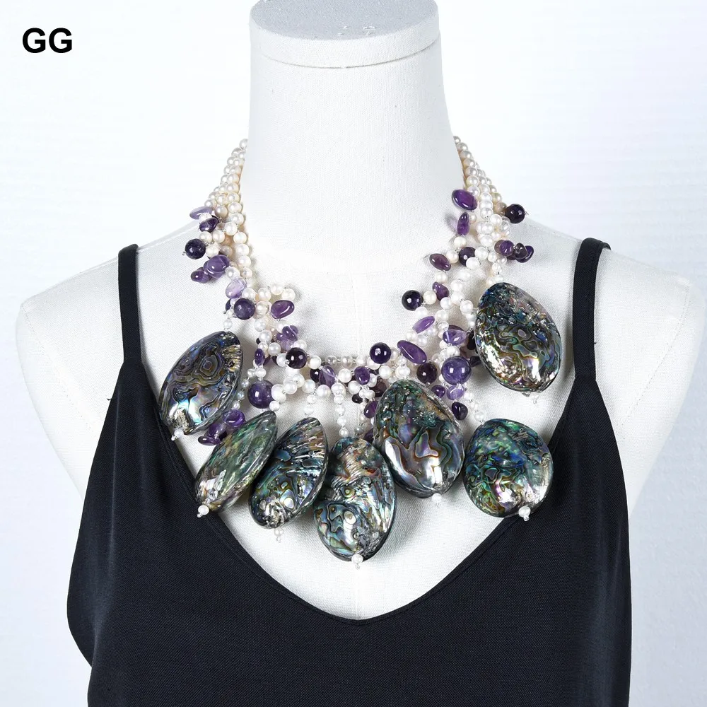 Ювелирные изделия GuaiGuai 3 нити белый жемчуг Фиолетовый аметист пава Абалон