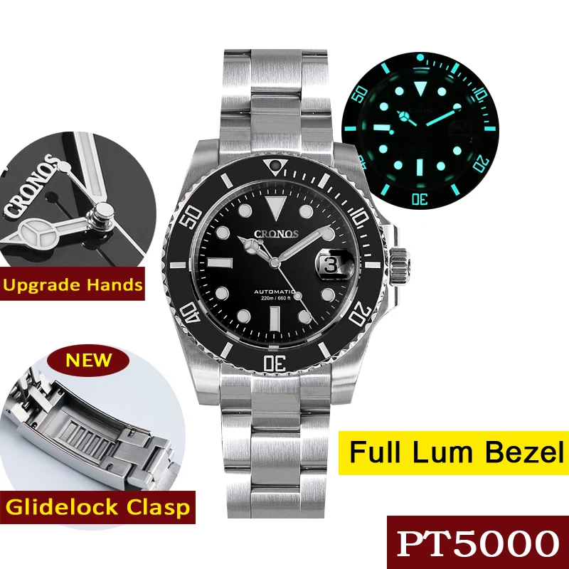

CRONOS Diving Men's Watch 200M Water Resistant Super Luminous Stainless Steel Sapphire PT5000 Bracelet Ceramic Rotating Bezel