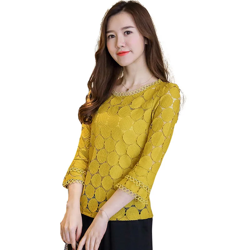 

Spring and Autumn New WomenTrumpet sleeve Hollow Out Lace Shirts Blouses Female Korean Round neck Casual Slim Shirt Tops R100