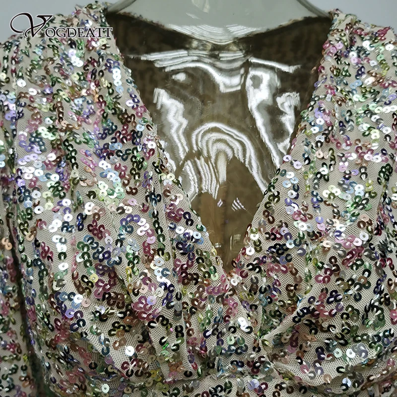 

VOGDEATT Women Dress Sexy Glitter Sequin Mini Female Long sleeves Clubwear Party Mujer Vestidos Bodycon Deep V Neck Shinny Dress