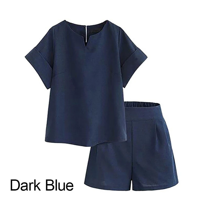 Dark blue Модный женский костюм для девочек, повседневный комплект с треугольным вырезом, брюки с коротким рукавом, льняной комплект из двух предметов, Женский офисный костюм, летняя мода, разные цвета - Цвет: Dark blue
