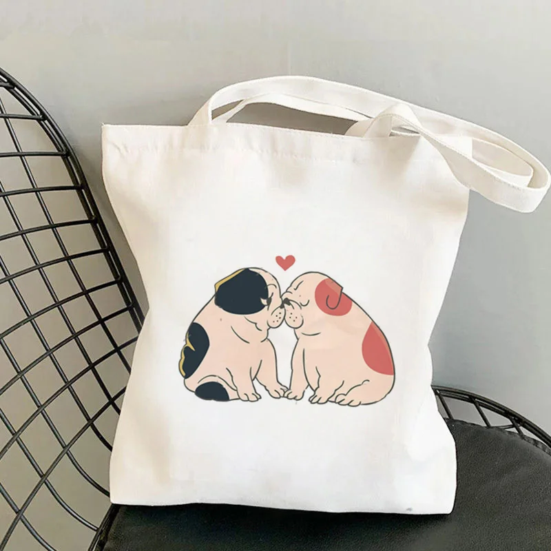 

2021 Shopper English Bulldog Kisses Printed Tote Bag women Harajuku shopper handbag girl Shoulder shopping bag Lady Canvas Bag