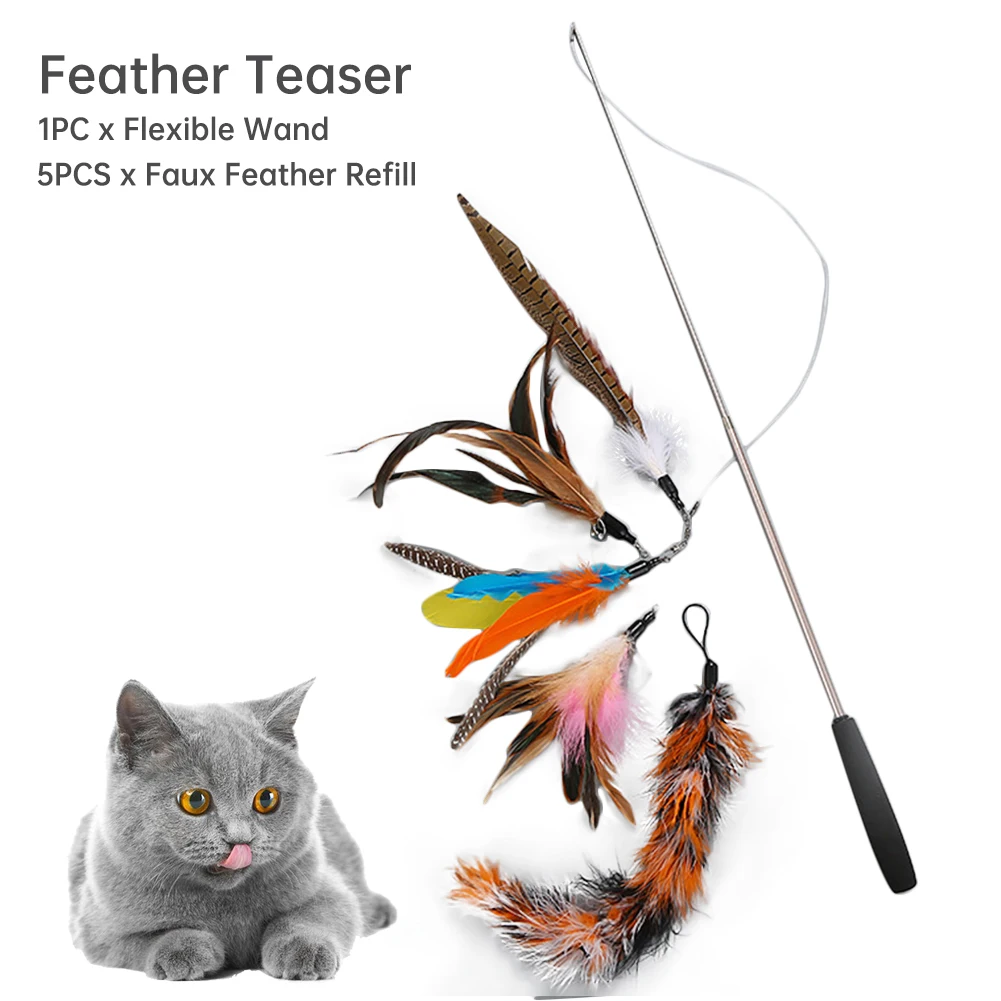 

Indoor Outdoor For Kitten Playing Fun Retractable Wand Training Catcher Cat Toy Home Garden With 5 Refills Feather Teaser