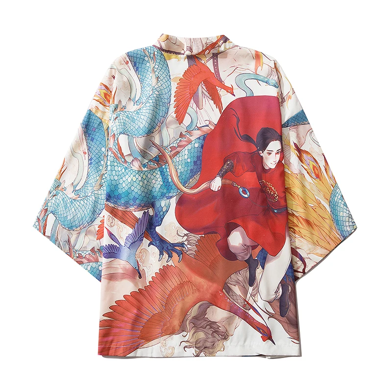 

FZSLCYIYI Spring Couple Printed Men Japanese Thin Kimono Streetwear Traditional Cardigan Samurai Yukata Haori Obi Harajuku