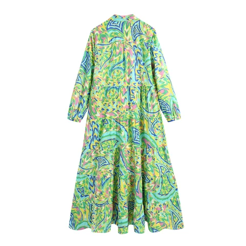 Женское винтажное платье-рубашка средней длины, платье с цветочным принтом, отложным воротником и рукавом три четверти, свободное платье на пуговицах