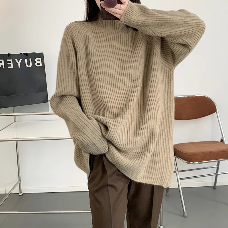 

Fashion Casual Furry High Neck Pullover Pit Striped Sweater Women's Fall/winter 2021 Lazy Style Knitted Simple Solid Color Top