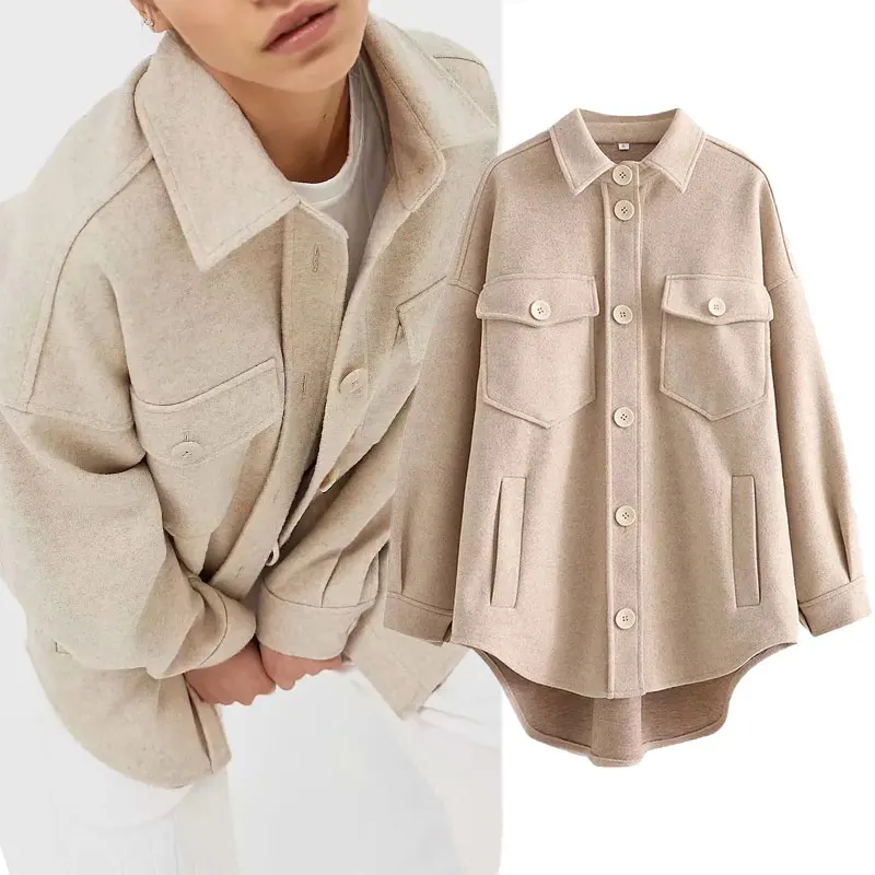 

Za Women Jacket 2021 Autumn Fashion Elegant Loose Parka Coats Solid color Streetwear Chic Outwear Female Casual Pockets Tops
