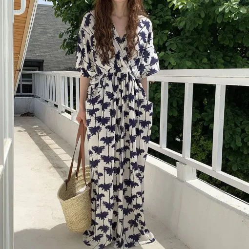 

2021 Summer Vintage Print Dress Women V-neck Pocket Fashion Dresses Female Elegant Ankle Length Bohemian Long Dresses