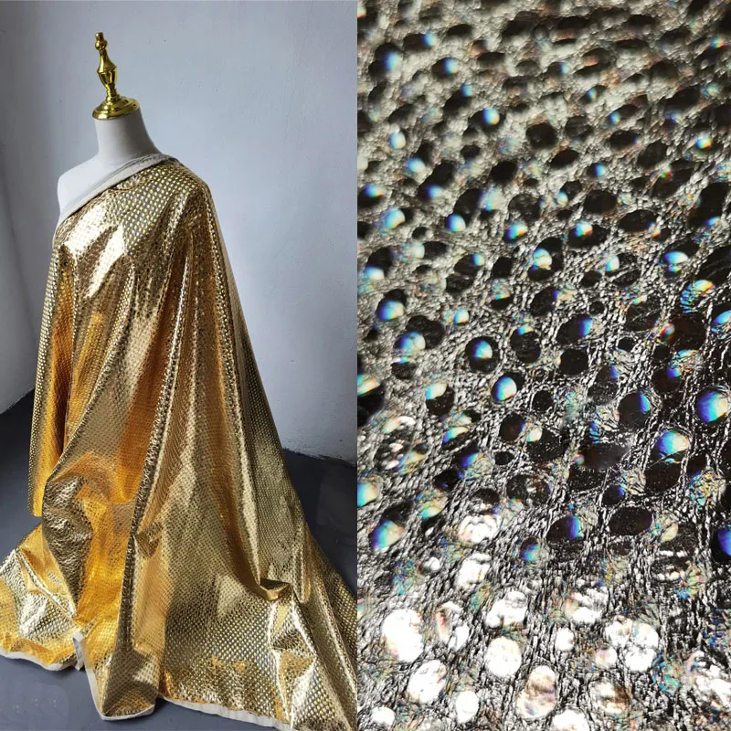 

Metallic Pleated Imitation PU Leather Wrinkle Fabric Soft Embossed Laser Polka Dot Coat Clothing Designer DIY Sewing Fabric