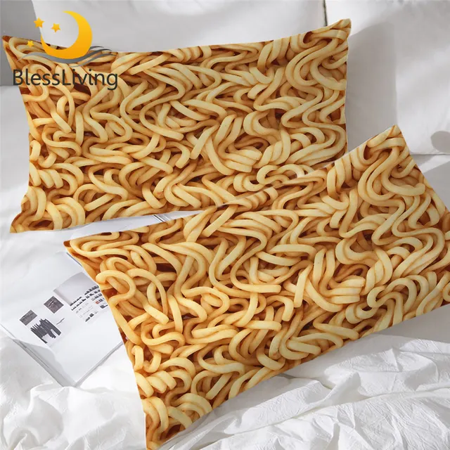 BlessLiving Instant Noodles Pillow Cases Bedding Funny Food Rectangle Pillow Case Lifelike 3D Print Golden Pillow Cover 50*90cm 1
