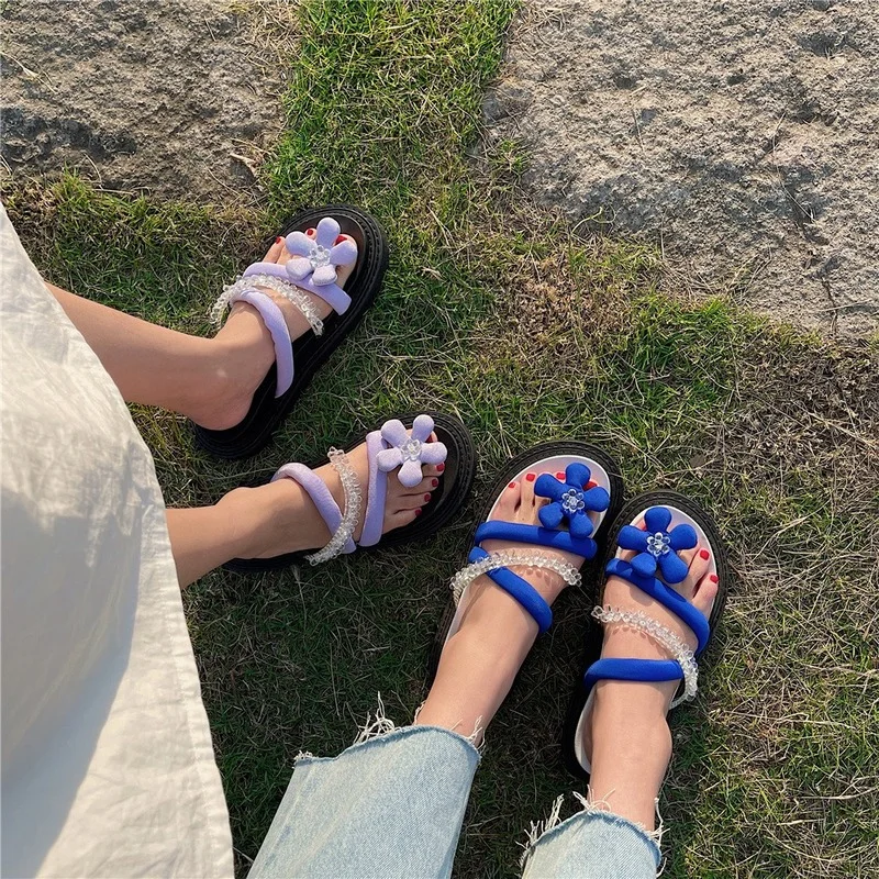 

Сандалии женские с открытым носком, повседневные пляжные шлепанцы с бисером, сказочный стиль, для подружек, весна-лето