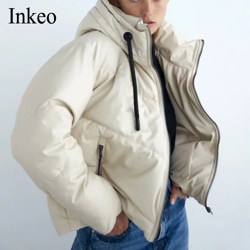 

Толстая Теплая стеганая куртка из искусственной кожи, женская зимняя модная куртка с капюшоном, парка, короткое пальто с карманами, верхняя ...