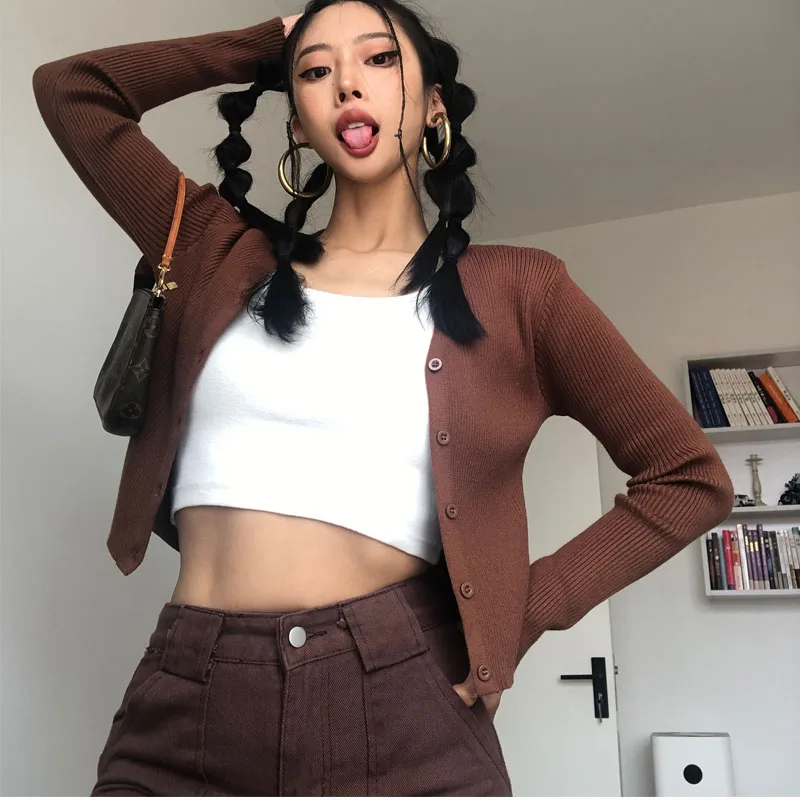 Женское пальто кардиган эстетичный коричневый свитер y2k женский с длинным