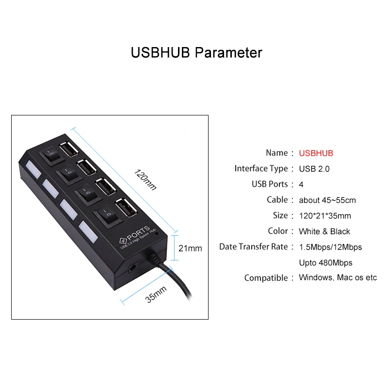 kebidu 4 Ports usb hub LED USB High Speed 480 Mbps Adapter Hub Splitter With Power on off Switch For PC Laptop Computer | Компьютеры и