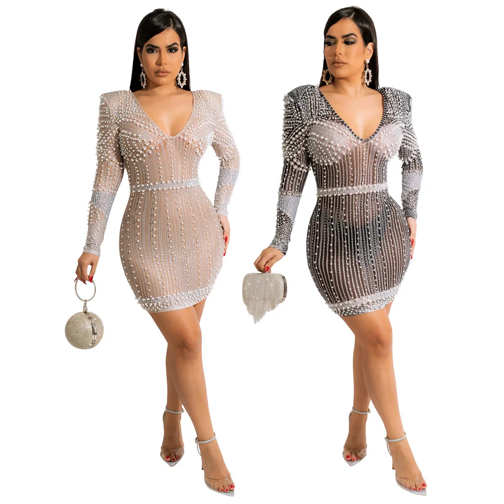 

Spring See-through Mesh Diamonds Dress Women Sexy Slim Elastic Mini Dresses Lady Club Party Night Outfit