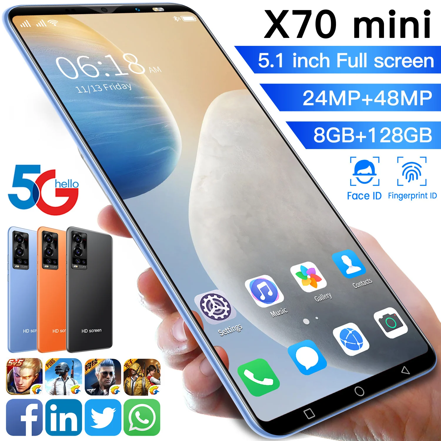 

X70mini 5.1-inch 24+48MP Dual SIM Face fingerprint recognition smartphone 4+128GB 1080X2320 5G Network Android 10 phone MTK6889