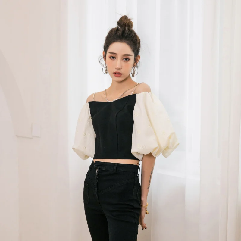 2021NEW one-shoulder chain camisole, summer diamond chain shoulder strap French puff sleeve shirt, chic short women's top