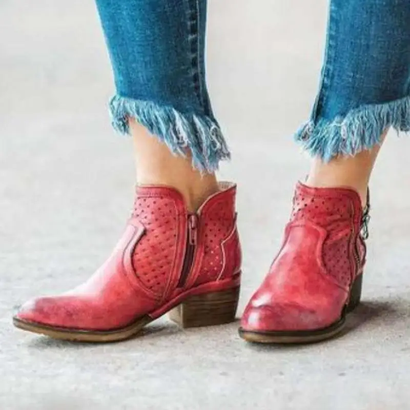 Womens Low Block Heel Western Zipper Ankleautumn Winter Boots   Boots-ladies Booties Shoes Outdoor Shoes Woman