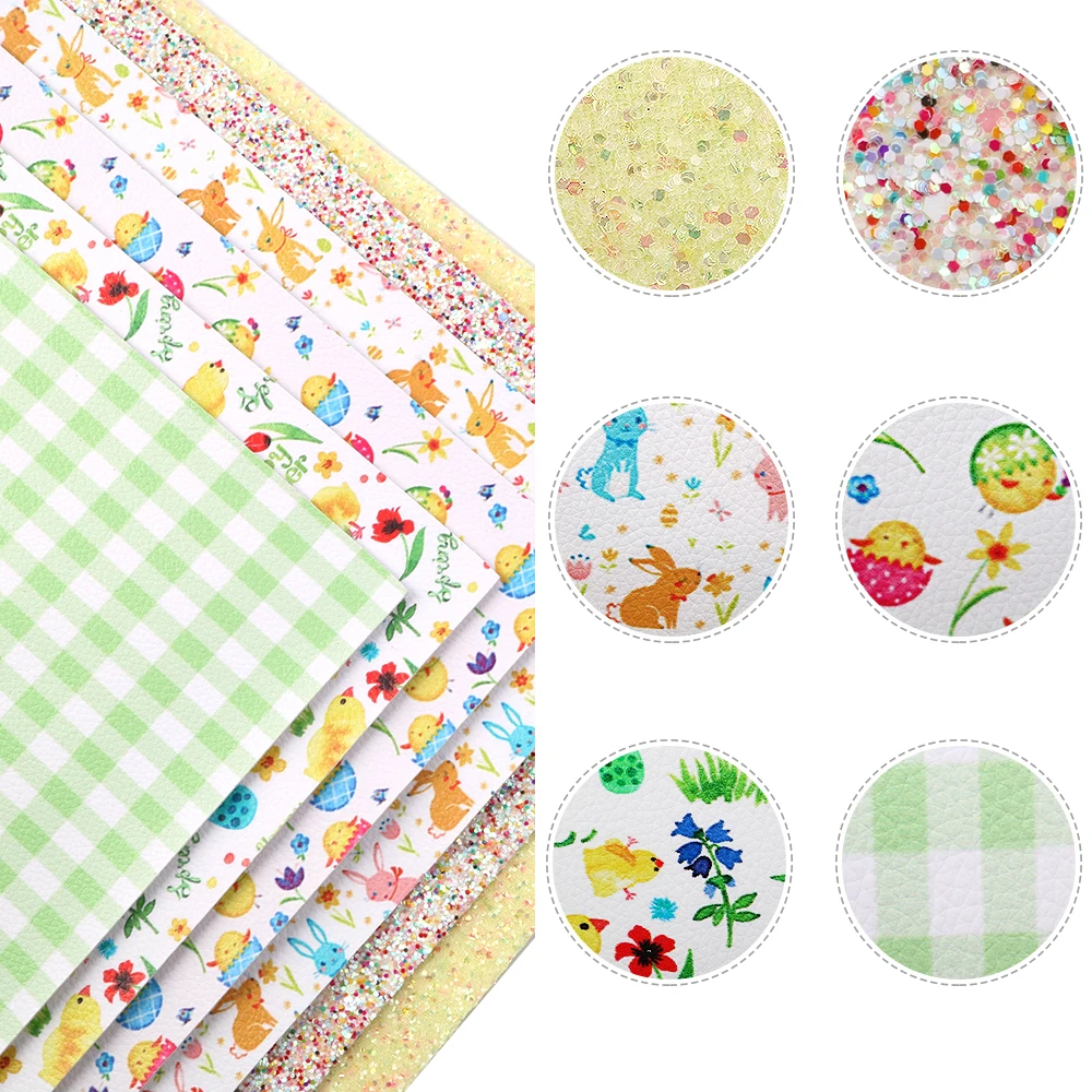 

6Pcs 20*34cm Geometric Easter Printed Gold Foil Glitter Bump Texture Faux Leather Assorted Set For DIY Handmade Crafts,1Yc10160