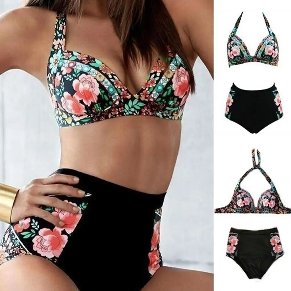 

50% Hot Sales Summer Women's Floral Print Underwire Bra + High Waist Briefs Bikini Set Swimsuit