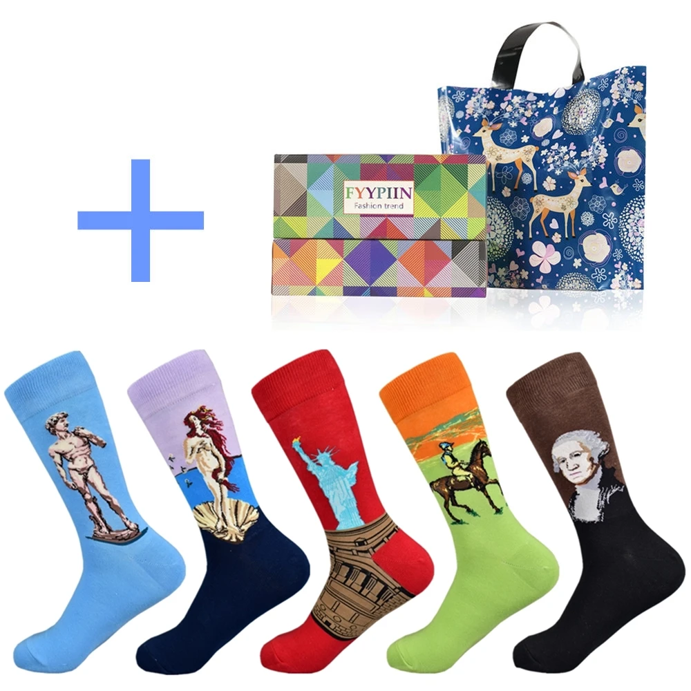 Серый Happy Socks, ограниченная серия, повседневные, новинка, мужские забавные носки, подарочный набор, серия масляной живописи, чёсаный хлопок, новинка, мужские, 5 пар - Цвет: Серый