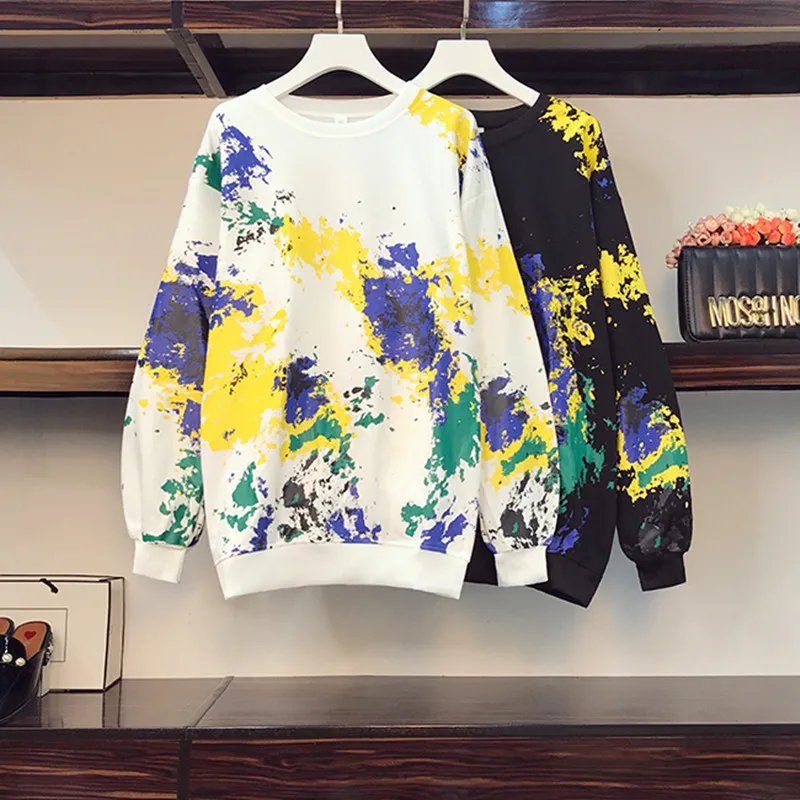 

Plus Size Women's 2021 Autumn And Winter New Style Korean Tie-Dye Contrast Color Loose Plus Size Round Neck Thin Sweater Women