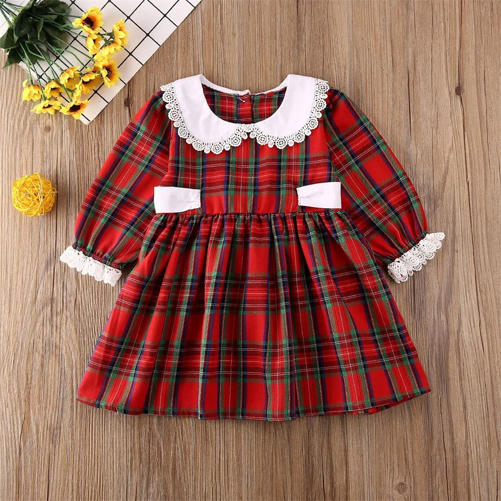 

Girls Christmas Costume Grid Princess Dress Kids Long Sleeve Winter Clothing Children New Year Birthday Party Red Gown