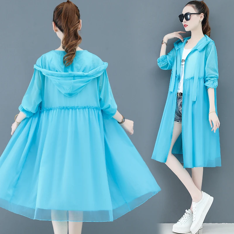 

Spring Summer Women's Ice Silk in The Long Section Anti-Ultraviolet Breathable Thin Coat Hooded Sunscreen Clothing