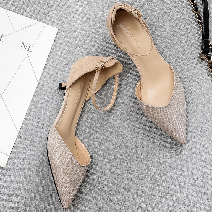 

Hot High Heels Female Shoes Woman 2021 Ankle Straps Sequined Cloth Women Office Career Sandals Casual Nude Wedding Pumps P0038