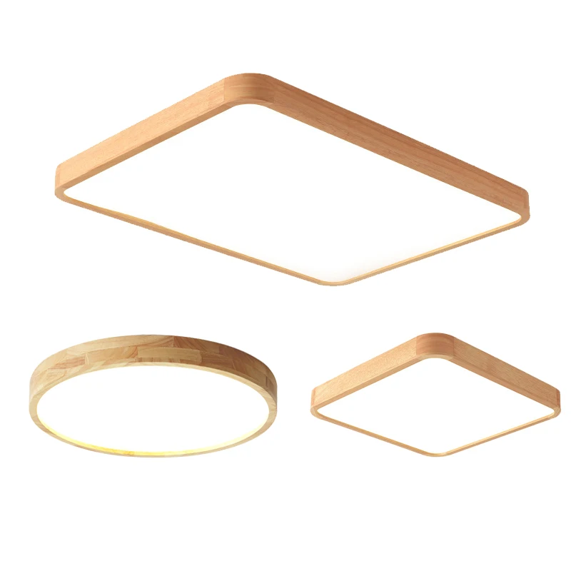 Современный квадратный и круглый светодиодный потолочный светильник из массива дерева, 27 Вт, 36 Вт, 48 Вт, AC85-265V, ультратонкий светильник для гостиной с дистанционным управлением