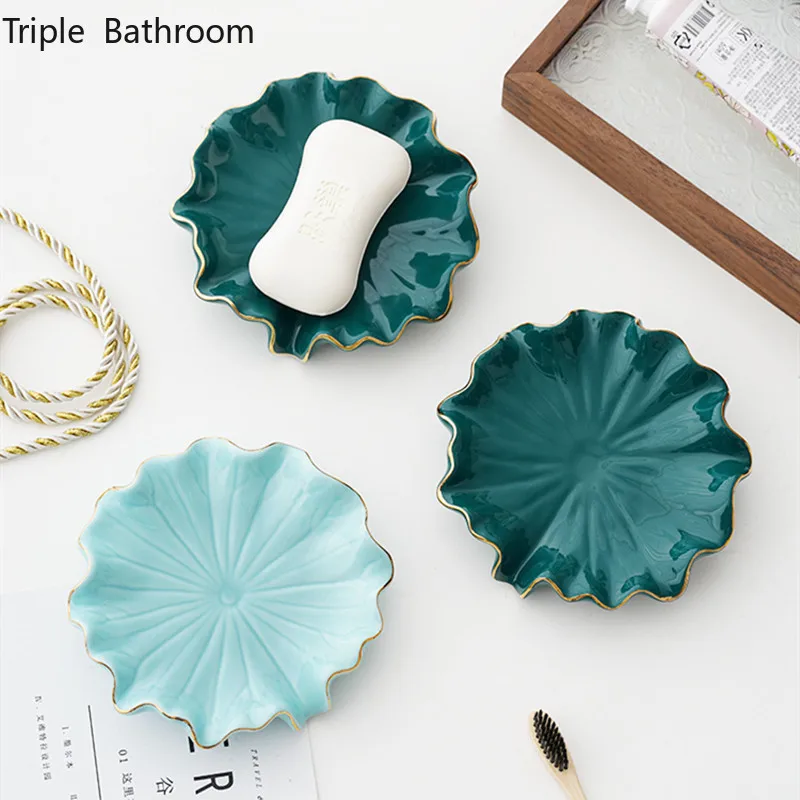 

1pc Light Luxury Lotus Leaf Shape Soap Dish Ceramics Restroom Shower Supplies Bathroom Draining Storage Soap Packaging Boxes