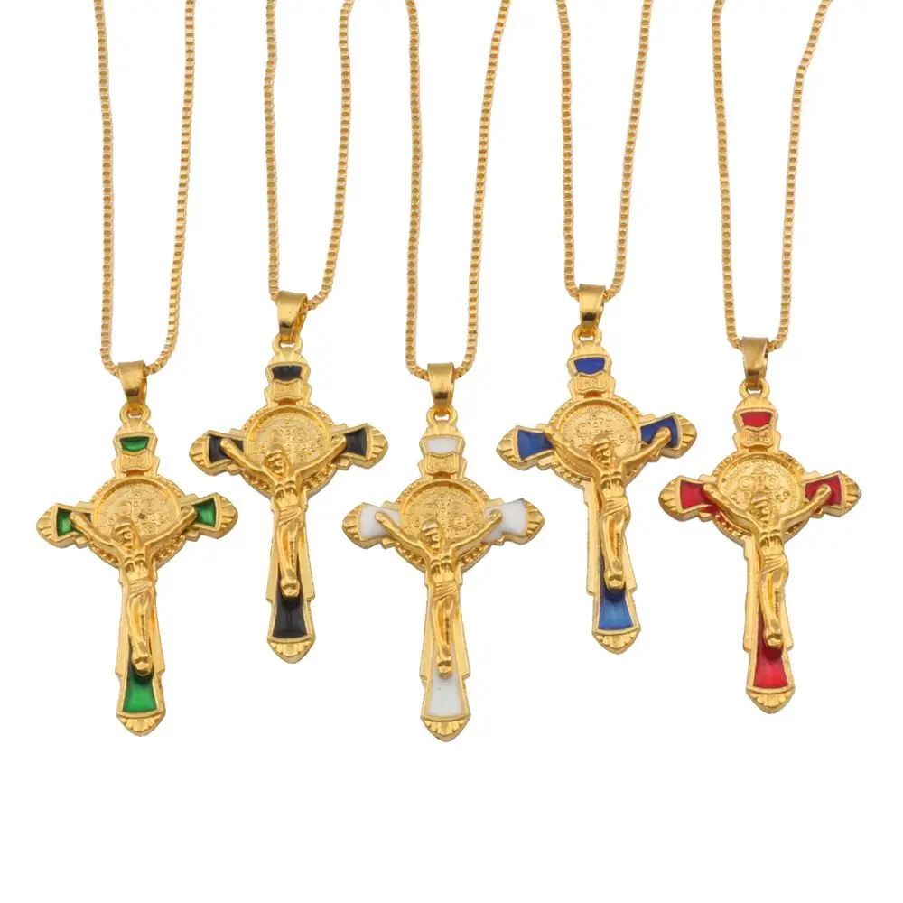 

15pcs Enamel Saint Benedict Medal Cross Crucifix Alloy Charms Pendant Necklaces Jewelry DIY 23.6inches Chains A-558d
