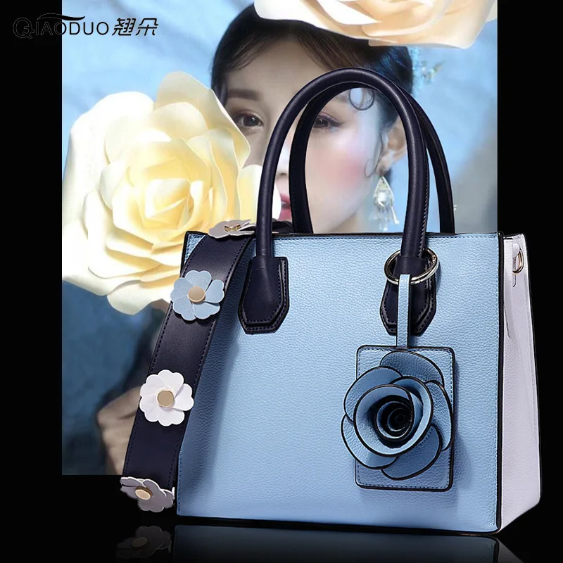

Spring and Summer New Flower Wide Shoulder Strap Women's Bag Soft Leather