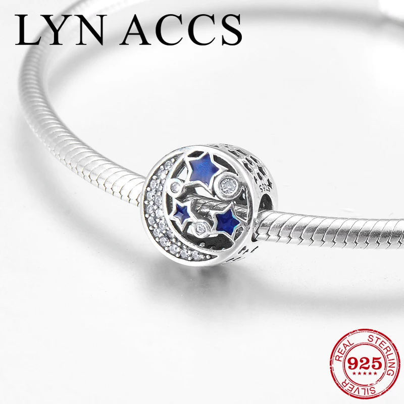 Подарок на праздник 925 пробы серебряный браслет с фианитами и звездами луной