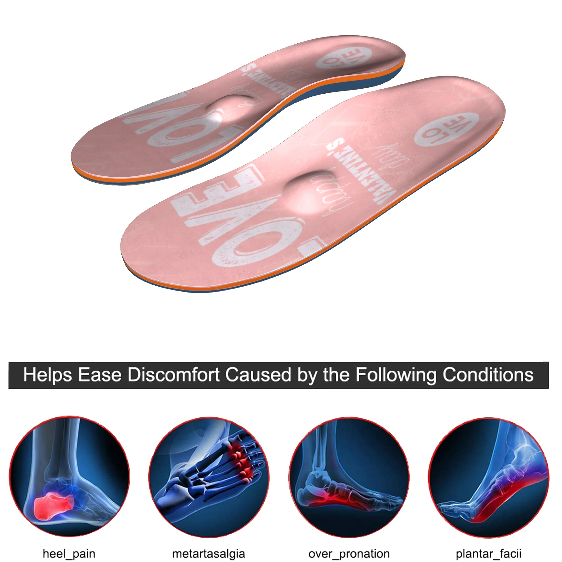 Pink English letters, ladies insoles, heel orthopedic pads, plantar fasciitis, plantar arch support orthopedic insoles