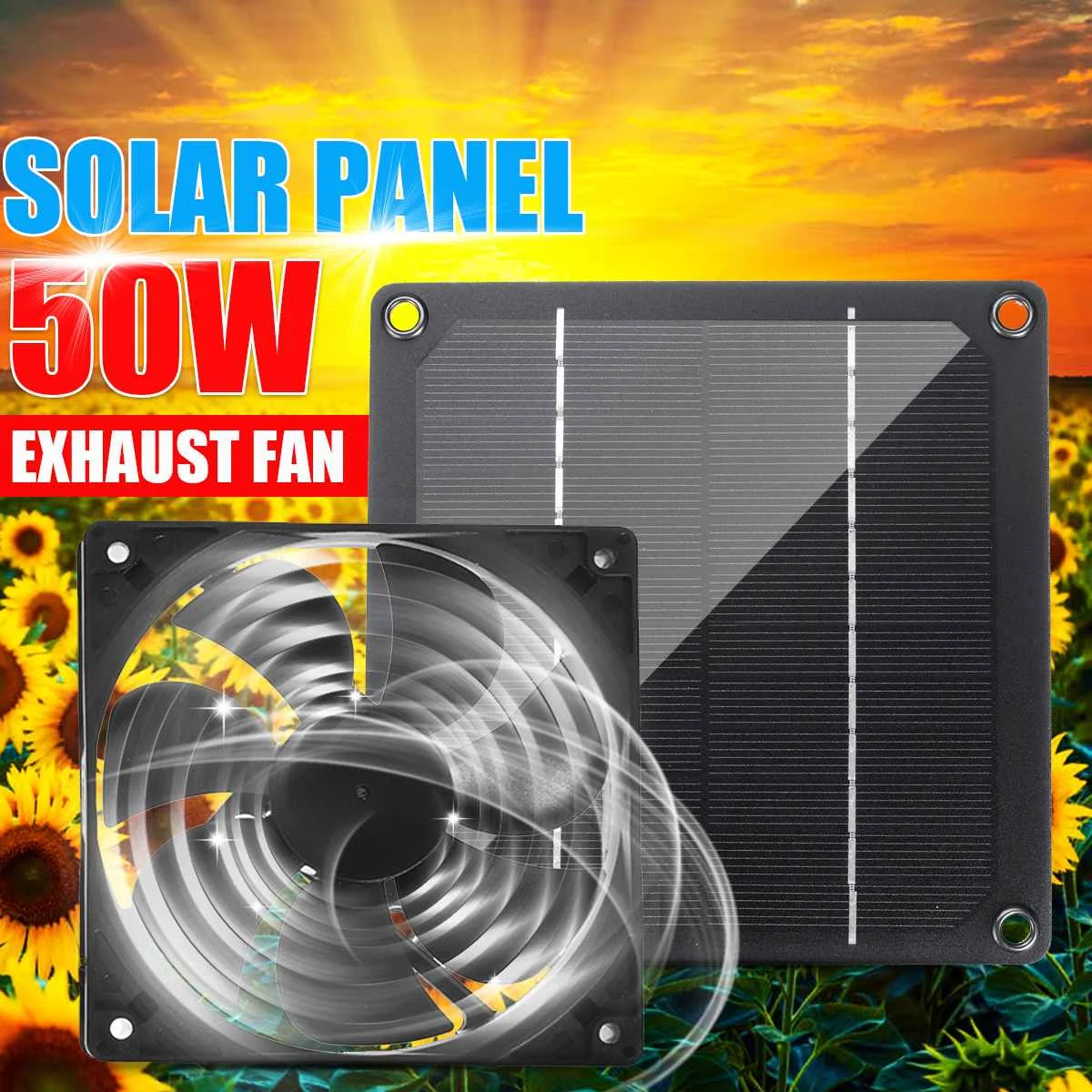50W 12V Solar Panel Powered Exhaust Fan Waterproof USB Solar Exhaust Fan for Dog Chicken House Greenhouse RV Car Fan Charger