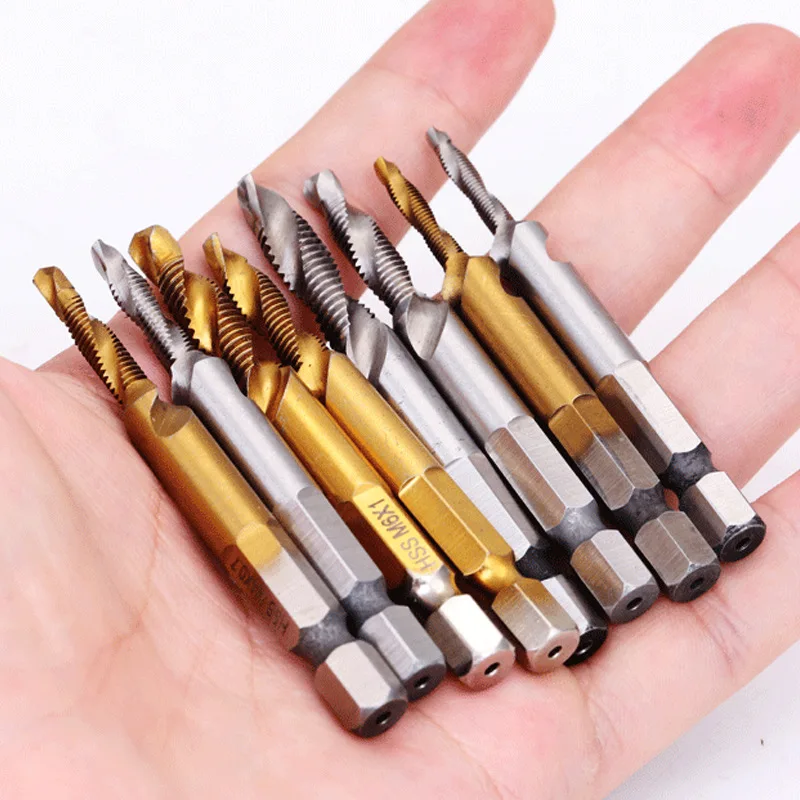 

6PCS Hex Shank Titanium Plated HSS Screw Thread Metric Tap Drill Bit Compound Tap Screw Machine M3 M4 M5 M6 M8 M10 Hand Tool