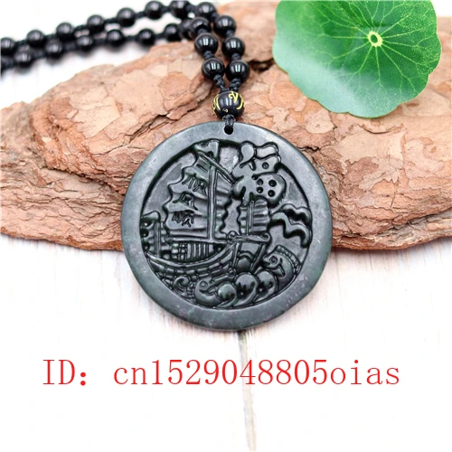 Китайский натуральный черный зеленый нефритовый кулон парусник ожерелье с