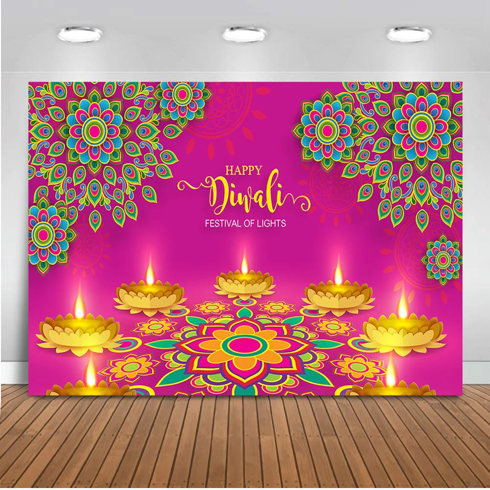 Праздничный праздничный фон Diwali свечи Золотые кристаллы Diya цветной для